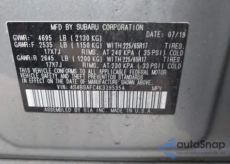 2019 Subaru Outback 2.5I Premium z USA, uszkodzony, nr VIN 4S4BSAFC4K3395954